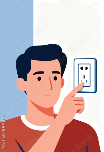 A person points to an electrical outlet on a wall