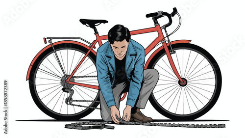Man fixing a red bicycle chain with a tool