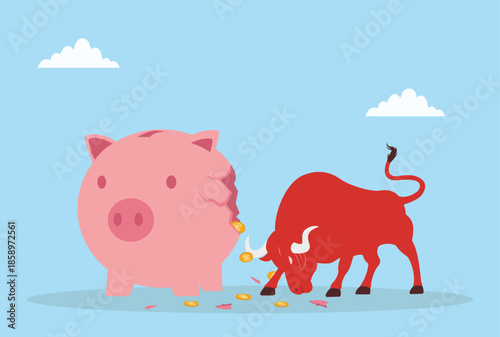 Vector illustration of a red bull breaking a piggy bank, representing financial disruption, bold action, risk-taking, breaking savings, and money challenges
