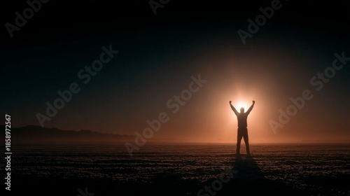 Illuminated silhouette: A person stands silhouetted against a radiant sunrise, their arms raised triumphantly, capturing a moment of serenity and triumph. 