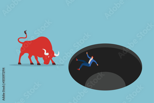 Vector illustration of a red bull tossing a businessman into a dark hole, representing sudden challenges, business risks, pressure, and unexpected setbacks
