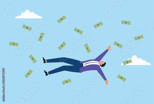 Vector illustration of a businessman floating in the air surrounded by falling money, symbolizing wealth, success, financial freedom, and prosperity
