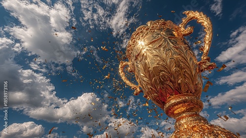 Golden Trophy Soaring: A meticulously detailed golden trophy, set against a stunning sky, embodies victory and aspiration, as celebratory confetti adds a touch of festivity to the scene.