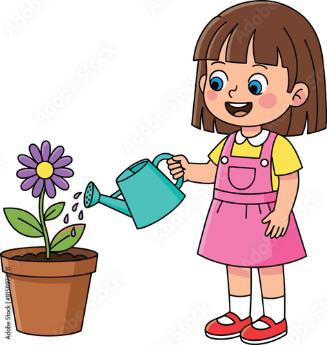 Cute little girl watering flower illustration showing child gardening activity nature care environmental learning cartoon vector design