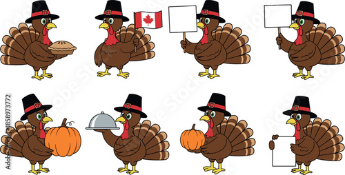Cute Thanksgiving turkey cartoon character set holding pie pumpkin flag signboard food festive holiday vector illustration