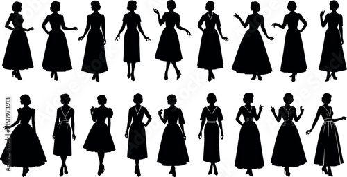 Elegant vintage women silhouette collection wearing dresses in various poses showing retro fashion style feminine black vector illustration