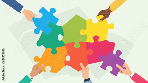 Diverse hands assembling colorful puzzle pieces together teamwork concept.