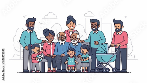 Diverse multi-generational family gathered together outdoors illustration.