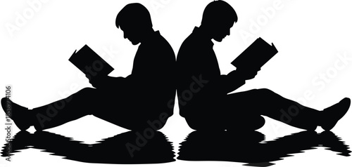 Silhouettes of children reading back-to-back, black figures, reflective surface, study and companionship gesture, white background, learning and connection illustration