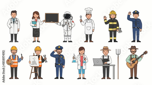 Diverse group of professionals in various occupations and uniforms.