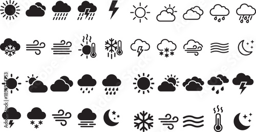 Set of Weather Icons with Sun Cloud Rain Thunder Wind Snowflake Thermometer and Moon Featuring Various Weather Conditions for Forecasting