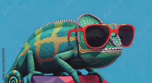 Cool Chameleon's Day Out: A vibrant chameleon, sporting trendy sunglasses, poses in front of a clean blue backdrop. A playful image capturing a fusion of nature and modern style.