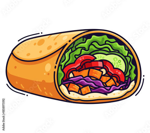 A mouthwatering illustrated wrap filled with fresh ingredients. The wrap shows a variety of colorful vegetables that are delicious.