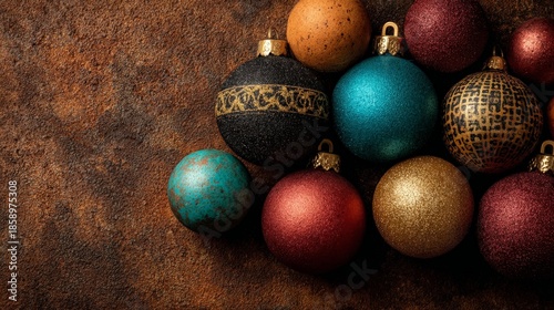 Festive Baubles on Textured Backdrop: A collection of vibrant Christmas baubles in assorted colors and textures, artfully arranged against a warm, rustic backdrop, conjuring the spirit of celebration.