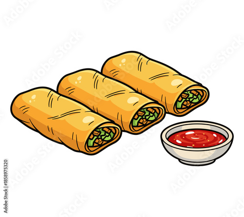 Delicious spring rolls and sauce, ready to be enjoyed. The rolls are golden brown, with a crisp and savory look, and a side of red sauce. 