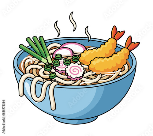 A vibrant illustration of a steaming bowl of Udon, complete with tempura and delightful garnishes. This image is a celebration of a delicious meal.