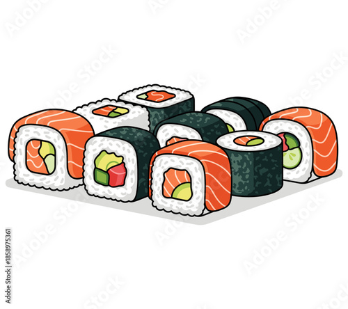 A delicious collection of sushi rolls with varied fillings, presenting a mouthwatering Japanese cuisine experience.