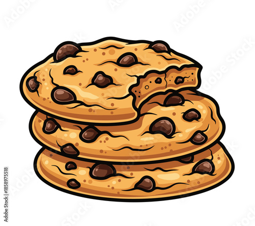 A stack of chocolate chip cookies, one of which has a bite taken out of it