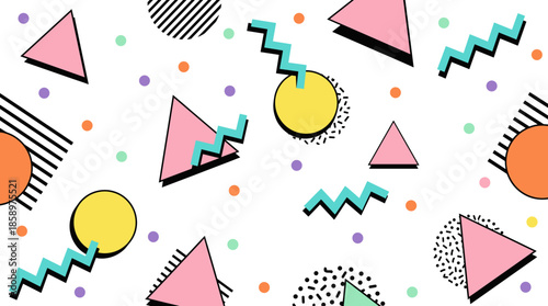 Seamless Memphis Style Geometric Pattern Background Vector with 80s and 90s Retro Shapes like Triangles and Zigzags in Pastel Colors for Funky Wallpaper