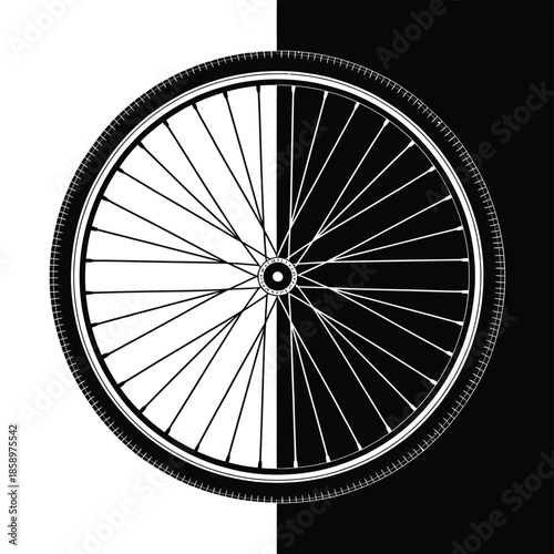 A striking black and white bicycle wheel design split perfectly down the middle