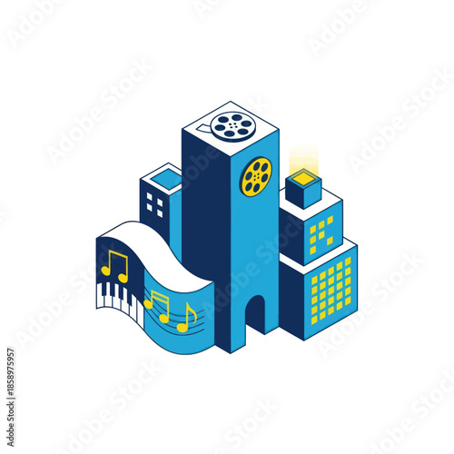 Stylized Music Building with Musical Notes.