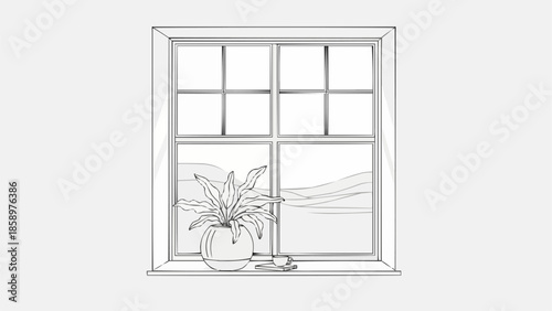Drawing of a window with a plant and a landscape view.