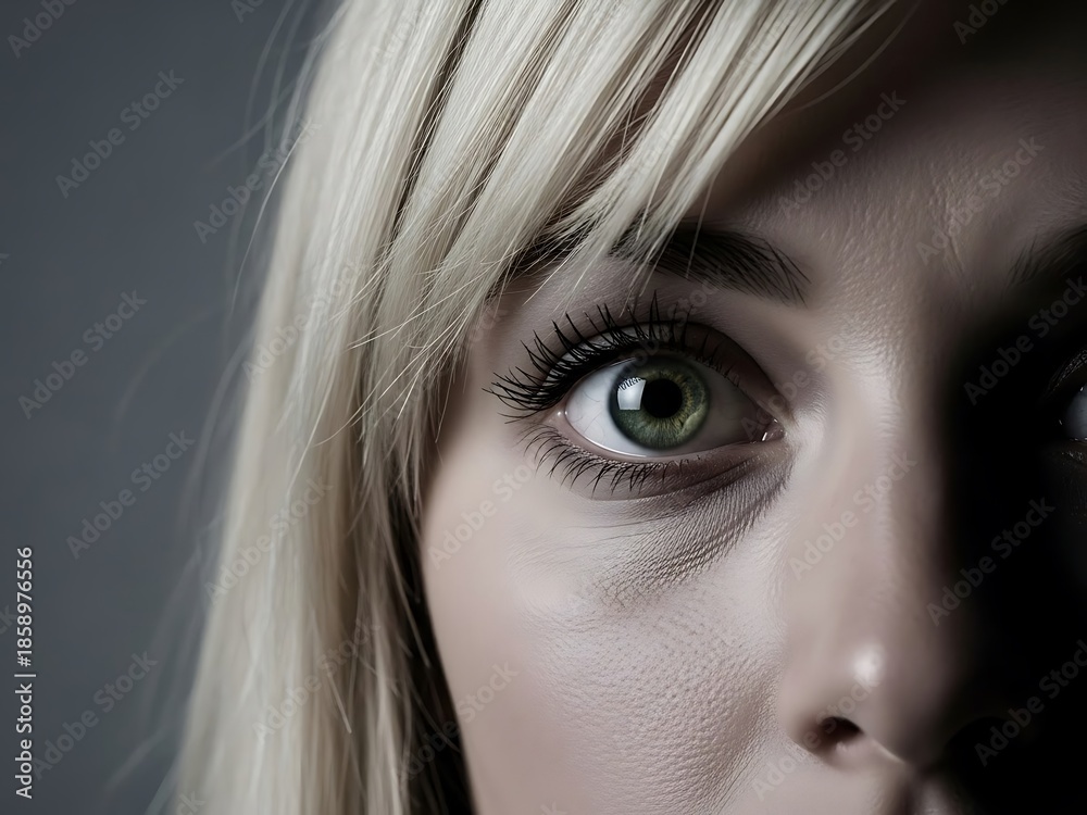 Fototapeta premium Half Face Portrait of Blonde Woman with Intense Gaze. Generative Ai