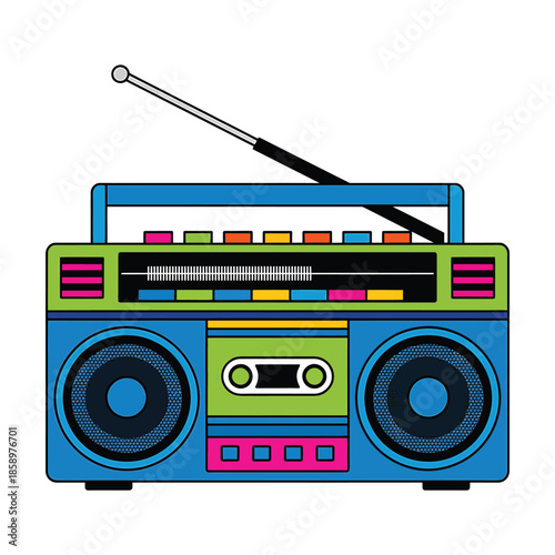 Colorful vintage boombox illustration with antenna and cassette player details