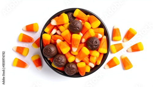 Overhead view of a black bowl filled with candy corn & chocolate treats on a white backdrop