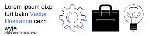 Business development, innovative solutions, startup ideas, planning, career success, problem-solving. Gear, briefcase light bulb icons on a clean white background. Business development