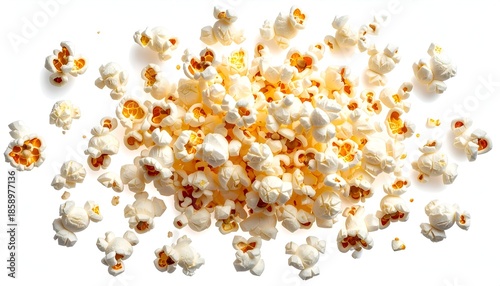 Overhead view of scattered popcorn kernels on a white surface, freshly popped