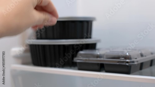 A female hand holds a plastic round box with food against the background of refrigerator, concept of food delivery and storage.