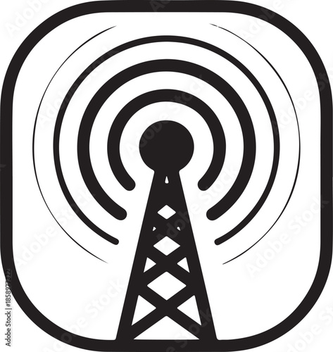 Black and White Radar Icon Illustration with Concentric Circles and Lattice Structure