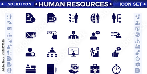 Set of solid icons related to HR, Human Resources, Recruitment, Employment, business, office, company, management. Linear icon collection.
