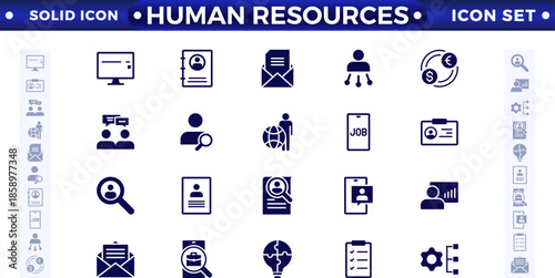 Set of solid icons related to HR, Human Resources, Recruitment, Employment, business, office, company, management. Linear icon collection.
