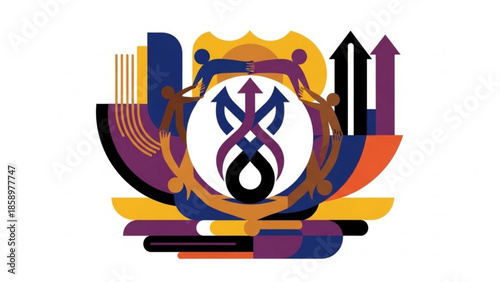 Vibrant abstract emblem featuring intertwined shapes and symbols in a dynamic composition