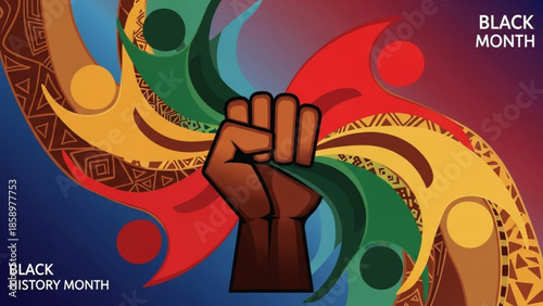 Celebration of Black History Month with a raised fist surrounded by vibrant, swirling patterns