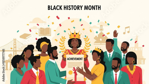 Diverse group celebrating Black History Month with confetti and certificate
