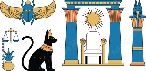 Ancient Egypt vector set featuring black cat Bastet, golden winged scarab, throne between columns, scales of justice, and Anubis pillar icon