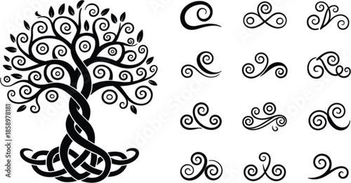 Celtic tree of life vector with braided trunk and intricate roots including decorative black swirl flourishes for mystical spiritual tattoo design or organic branding