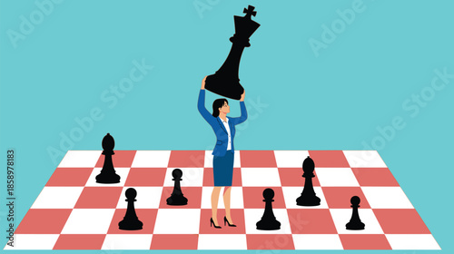 Business woman in suit standing on a chessboard holding a large black king chess piece for strategy concept