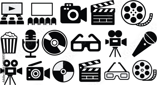 Cinema entertainment vector icon set with popcorn 3D glasses microphones film reels and theater screens for movie production industry graphic design and website interface