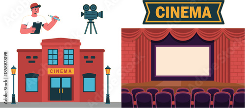 Cinema theater building exterior and stage interior with red curtains movie screen director character and retro film camera