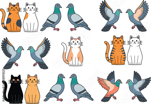Cute domestic cats and pigeons vector set featuring sitting calico kittens and flying birds for urban nature and pet friendship illustrations isolated on white background