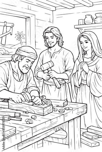 Vector illustration of the Holy Family showing Mary, adult Jesus, and Joseph carving wood, drawn with calm expressions, clean lines, and a peaceful spiritual atmosphere.
