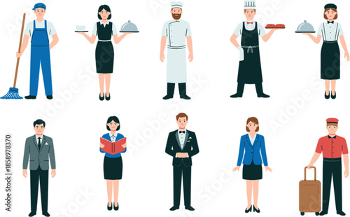 Diverse group of hospitality service professionals including chef waiter janitor and bellhop characters for hotel restaurant and catering business flat vector set