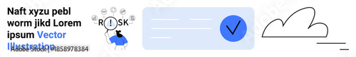 Risk management, data security, cloud storage, online verification, compliance, business solutions. Person analyzing risk, checkmark and cloud icon visual elements. Risk management and data security