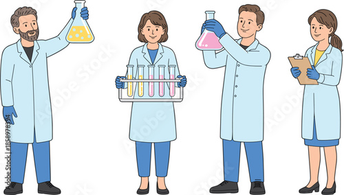 Diverse team of professional male and female scientists and laboratory technicians in white coats holding chemical flasks and test tubes for medical research vector illustration