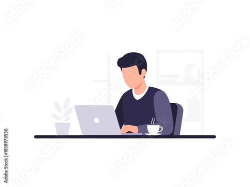Person Working on Laptop at Desk with Coffee Remote Work and Online Business Concept