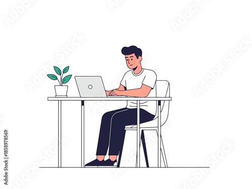 Man Working on Laptop at Desk with Plant Home Office Concept